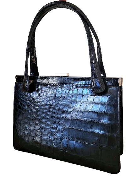 Vintage Top Handle Bag, Black Patent Leather Handbag, 60s