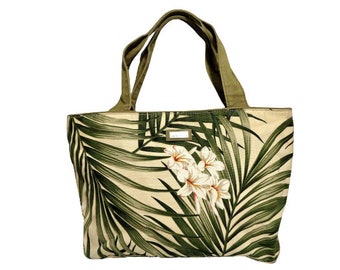 Jim Thompson Bag, Fabric Tote Shoulder Bag, Green Floral Canvas Shopping Bag, Vintage