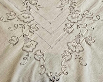 Vintage Hand Embroidered Cotton Tablecloth Madeira Style Floral Scroll Border Table Cloth Beige on Off-White Drawn Thread Detail Rectangle