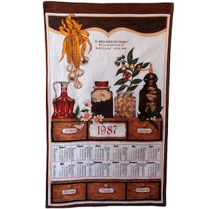 Vintage Calendar 1987 Tea Towel Wall Hanging Cloth Calendar 87s