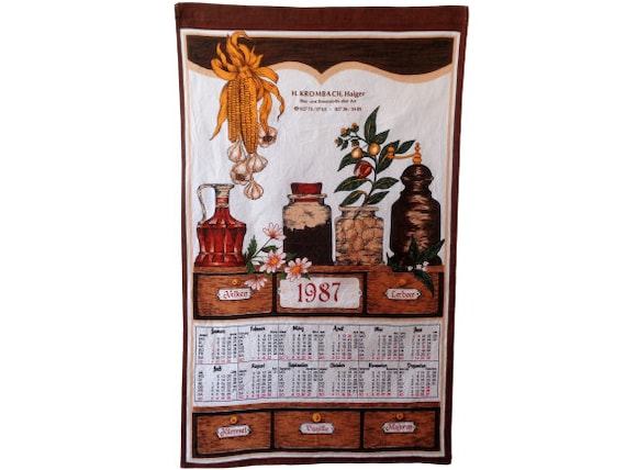 Vintage Calendar 1987 Tea Towel Wall Hanging Cloth Calendar 87s