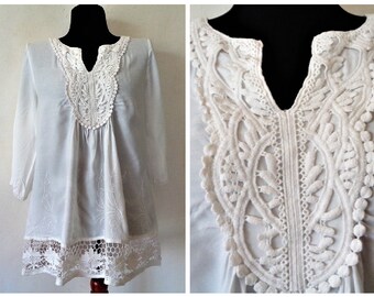 White Lace Tunic, Lace Crochet Top, Lace Ruffle Blouse, Summer Women Top, Romantic Blouse, Size L