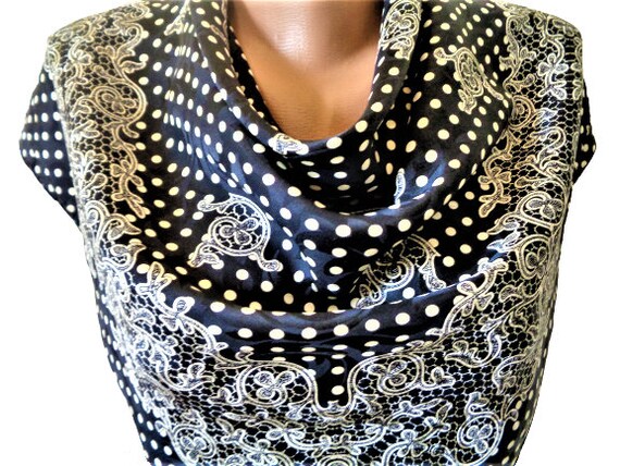 Nicole De Beauvoir Silk Scarf Black White Square Scarf Polka