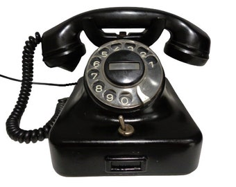 Black Bakelite Telephone, Siemens Germany Rotary Dial Phone,  Vintage 1947s Retro Desk Phone