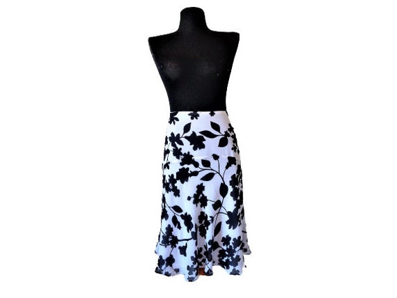 ESCADA Silk Skirt, Black White Floral Print, Bias… - image 2