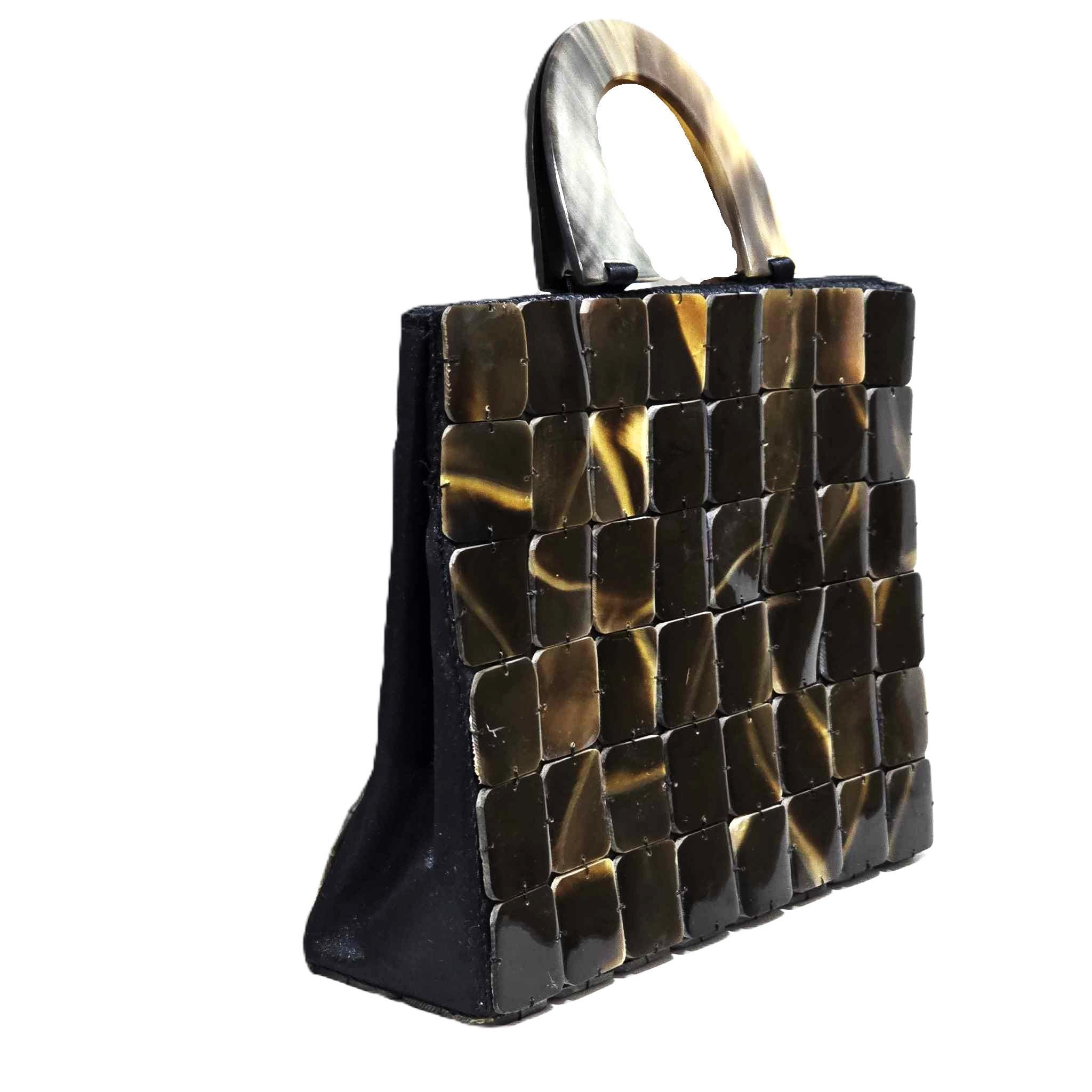 本革　伝統工芸品　染めハンドバッグ 中型　昭和レトロ Vintage 1960s Resin Horn Tortoiseshell Handbag Geometric
