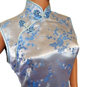 Chinese Cheongsam Top, Blue Metallic Asian Gipao, Floral Sleeveless Jacket, Mandarin Collar, Size M