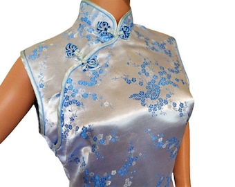 Chinese Cheongsam Top, Blue Metallic Asian Gipao, Floral Sleeveless Jacket, Mandarin Collar, Size M