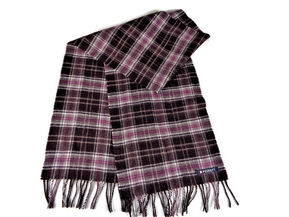 Vintage Wool Scarf, Long Scarf, Brown Purple Check - image 3
