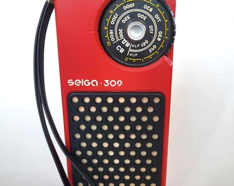 Récepteur radio portable vintage des années 1985 Transistor SELGA 309 plastique rouge fabriqué en URSS Cadeau nostalgique pour collectionneurs ami homme