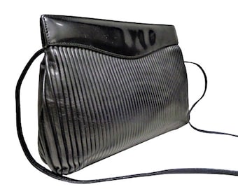 Bolso de mano de piel negra, bolso de hombro de piel acanalada, bolso vintage italiano, Silvano Biagini Bolonia, hecho en Italia.