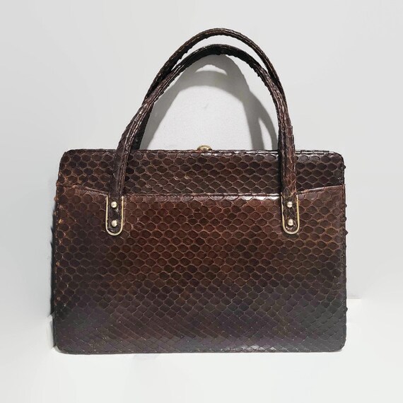 Brown Snakeskin Leather Bag Golden Frame Exotic H… - image 5