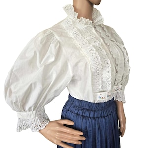Traditional Austrian Blouse White Cotton Women Shirt Lace Neckline and Collar Long Cuffed Puff Sleeves Embroidered Geese Button Front