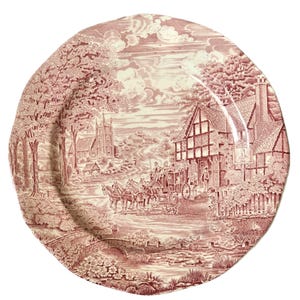 Antique Furnivals Staffordshire Dickens Coaching Days 11 '' Abendbrot Teller Rosa Rot Transferware Viktorianische Pferdekutsche Szene England