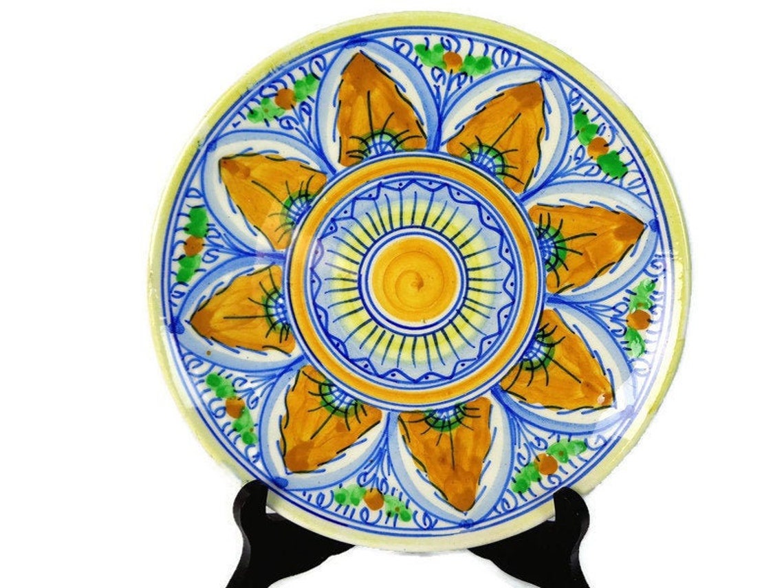 Spanish Ceramic Plate Talavera Blue Yellow Wall Hanging Etsy New Zealand