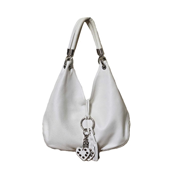 Vintage Borse in Pelle Italy White Leather Handbag Shoulder Bag Heart Tassel Charm Purse Grained Design Silver Hardware Women Accessory