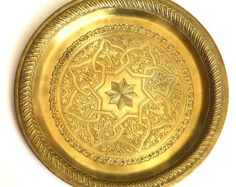 Vintage Moroccan Brass Tray, Fes Hand Etched Geometric Star Design 25cm Plate
