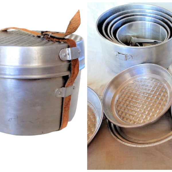 Camping Cookware Set, 11 piece Aluminum Nesting Pot and Pans, Mess Kit, Vintage Camping Gear, Outdoor Cookware, Picnic Cooking