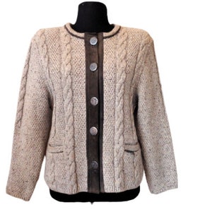Chunky Knit Cardigan Sweater, Gray Wool and Leather, Stapf Austria, Cable Knitted, Vintage Trachten Austrian Knitwear Women