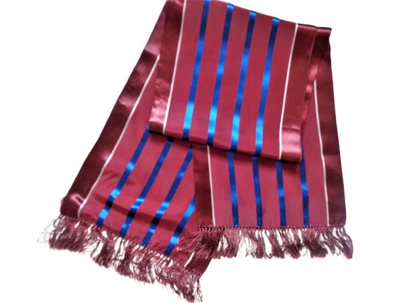 Vintage Men's Silk Scarf, Burgundy Blue Striped S… - image 4