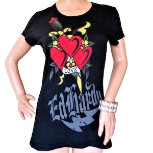 Black Cotton T shirt, Ed Hardy by Christian Audigier, Love Heart Print Vintage Y2K Tee
