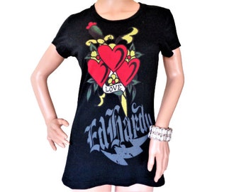 Black Cotton T shirt, Ed Hardy by Christian Audigier, Love Heart Print Vintage Y2K Tee