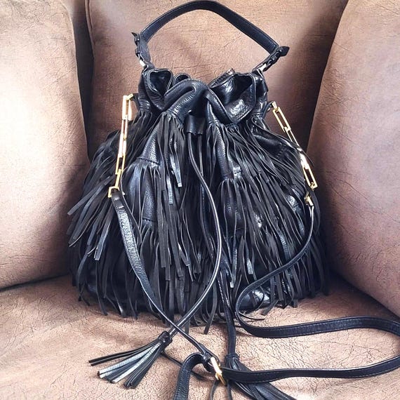 Vintage ABRO Fringed Handbag Tote Black Soft Leather Fringes Drawstring Bucket Purse Gold Chain Shoulder Strap Bohemian Design Any Occasion Etsy UK