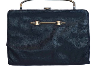 Bolso pequeño antiguo de los años 20 con marco superior plateado, bolso de mano de cuero negro, compartimento oculto para monedas, asa de metal, estilo eduardiano para damas, estilo Art Déco.