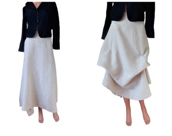 Beige Linen Skirt with Internal Ties, Maxi Boho Skirt, Flared Long Skirt, Multi Layer with Ties, Draped Skirt, Adjustable Length, XL