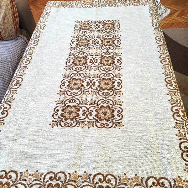 Vintage Traditional Austrian Tablecloth Woven Linen Cotton Cover for Rectangle Table Beige Brown Floral Pattern NOS 1970s