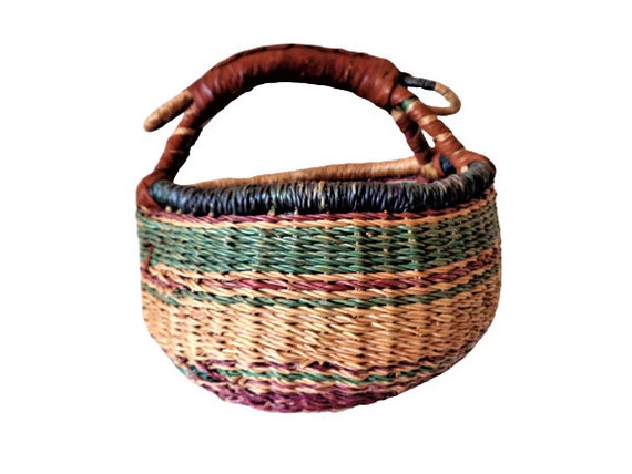 Bolga Basket, Small Round Basket with Leather Han… - image 5
