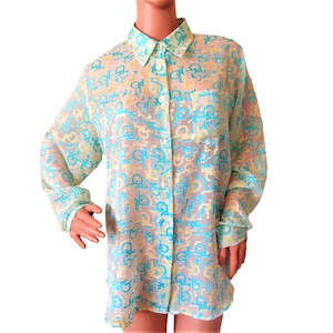 Roccobarocco Italy Logo Print Shirt Monogram Boho Disco Top 1970s Vintage Bohemian Button Up Long Sleeve Blue Yellow L / XL