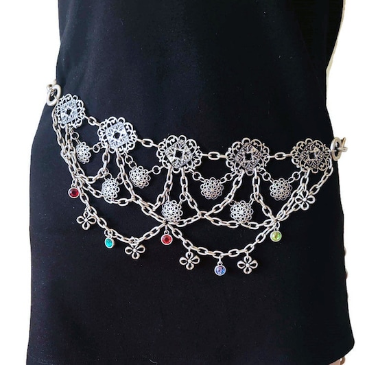 Buy Vintage Silver Tone Metal Charm Layered Chain Belt 