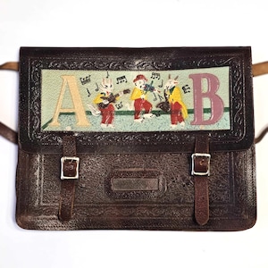 Vintage des années 50 et 60 en cuir repoussé cartable pour enfants cartable peint à la main dessin animé en relief alphabet enfant sac messager sac à dos bretelles