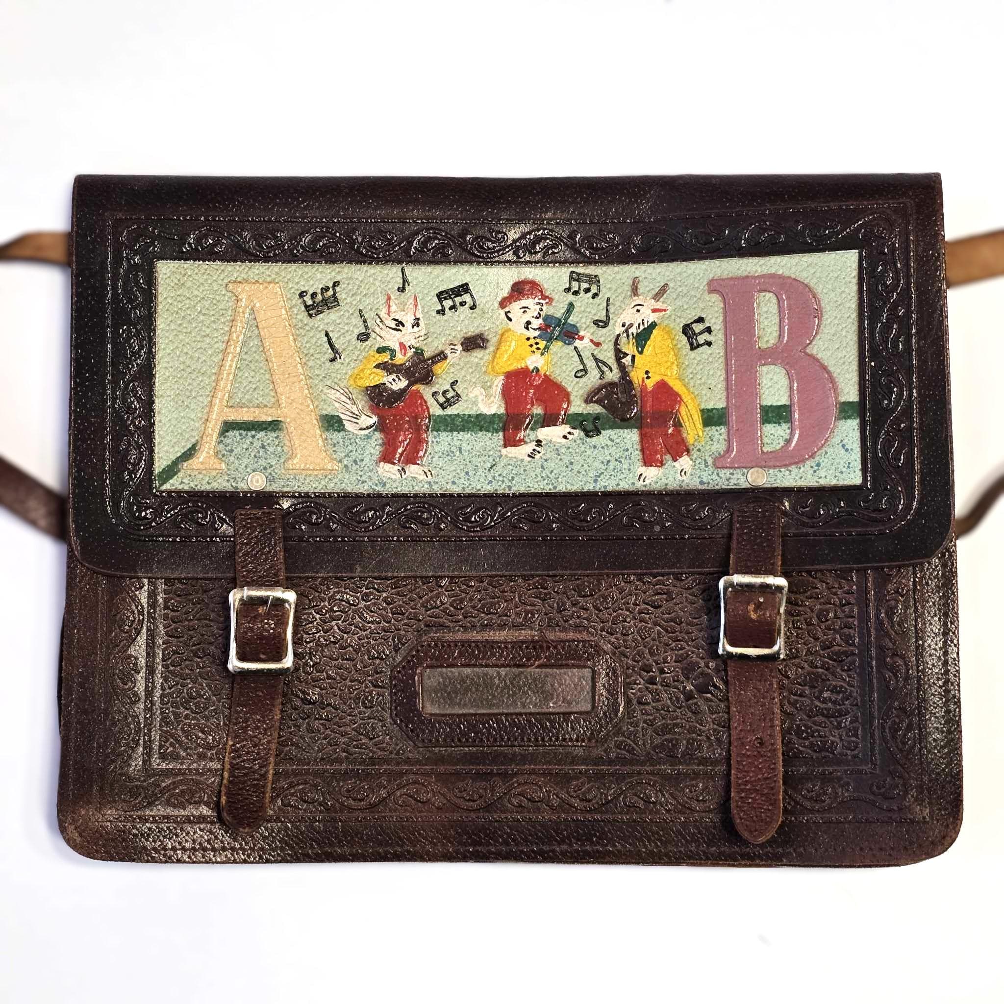 Vintage 50s 60s Tooled Leather Children School Bag Satchel