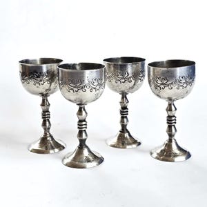 Silver Plate Goblets Set of 4, Etched vine leaves, Metal Footed Long Stem Cups, Vintage Barware