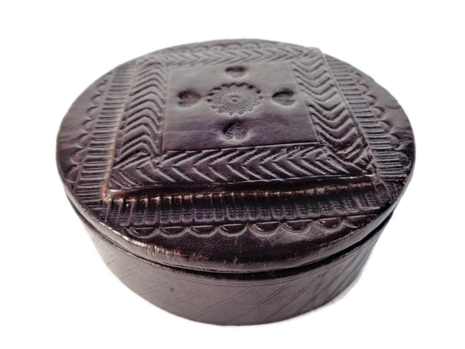 Vintage Leather Jewelry Box Round Tooled Leather Trinket Box Etsy