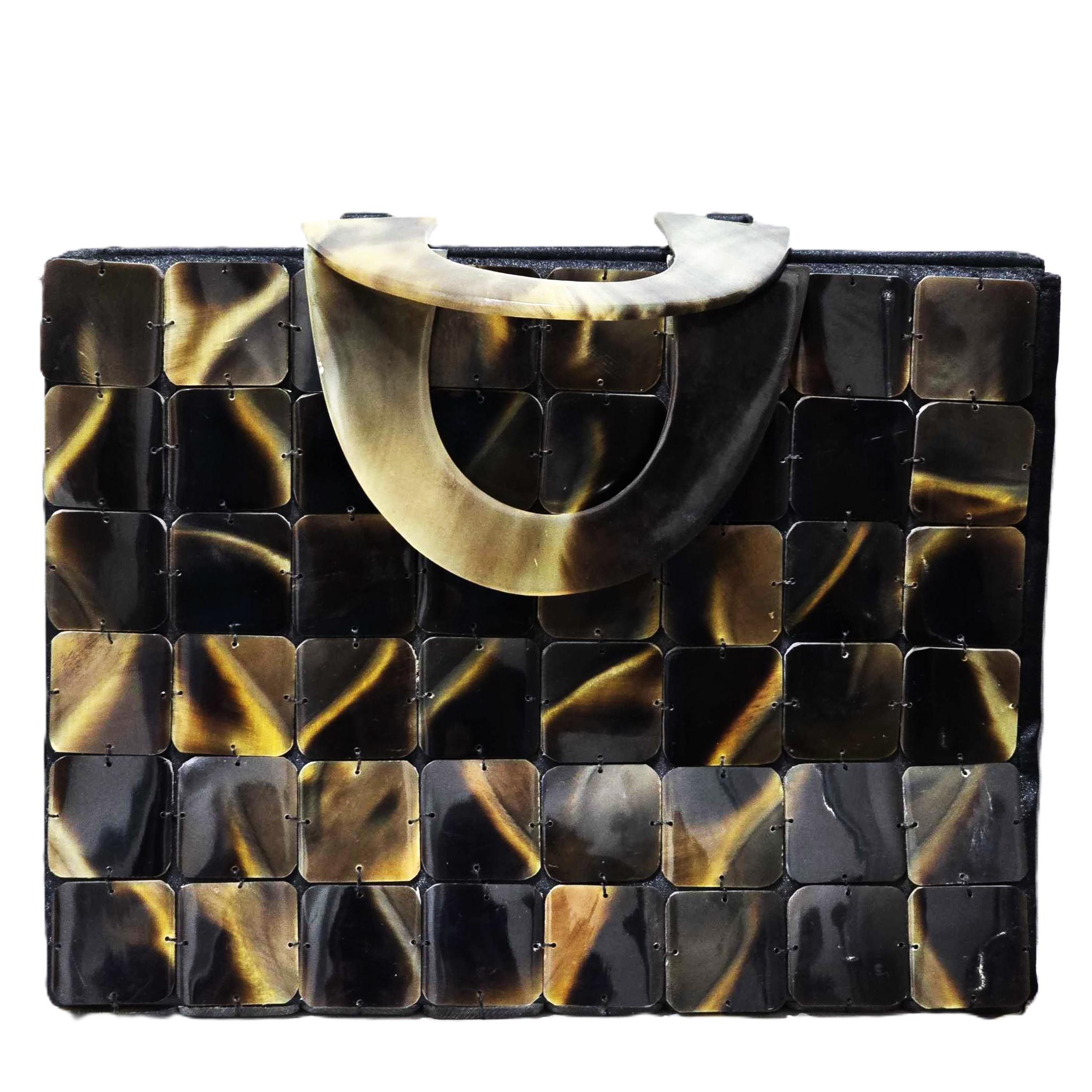 本革　伝統工芸品　染めハンドバッグ 中型　昭和レトロ Vintage 1960s Resin Horn Tortoiseshell Handbag Geometric