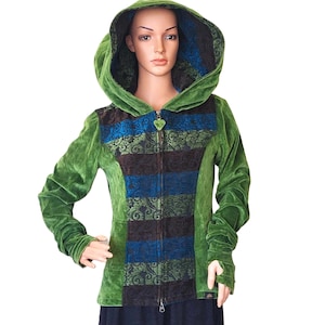 May include: Green velvet hooded jacket with a zip fastening and a patterned panel on the front. The panel features brown, blue and green colours with a floral design.