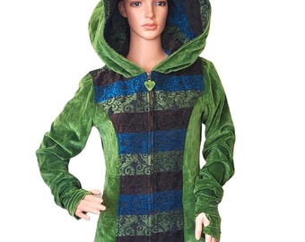Vintage Green Velvet Hooded Jacket, Pixie Hippie Festival Clothing