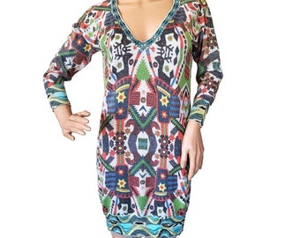 Custo Barcelona Tunic Mini Dress Knit Y2K Multicolor Abstract Graphic Print Vintage 90s Pop Art Clothing