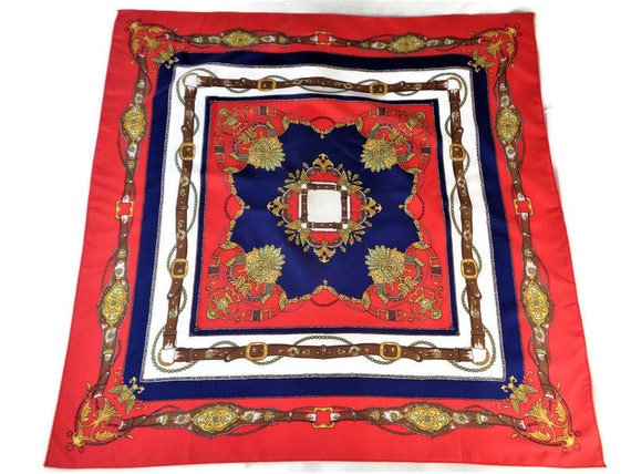 Vintage Blue Red Womens Scarf with Chains and Bar… - image 3