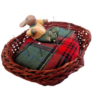 Vintage Bunny Pin Cushion, Wooden Rabbit in Wicker Basket, Handmade Pincushion, Mid Century Retro Sewing Accessory