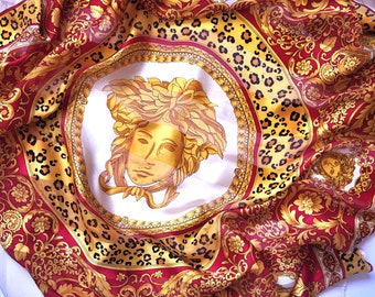 Large Lightweight Silk Scarf Medusa Gold Red Headscarf Royal Baroque Print Scarves Women Vintage Neck Accessories