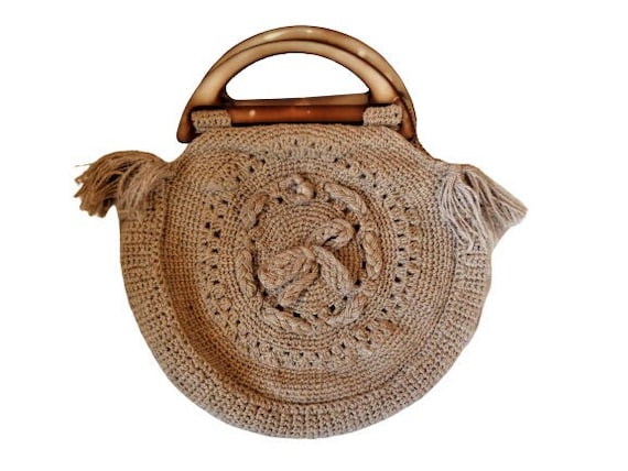 Woven Hemp Macrame Bag Vintage 70s Crochet Jute H… - image 1