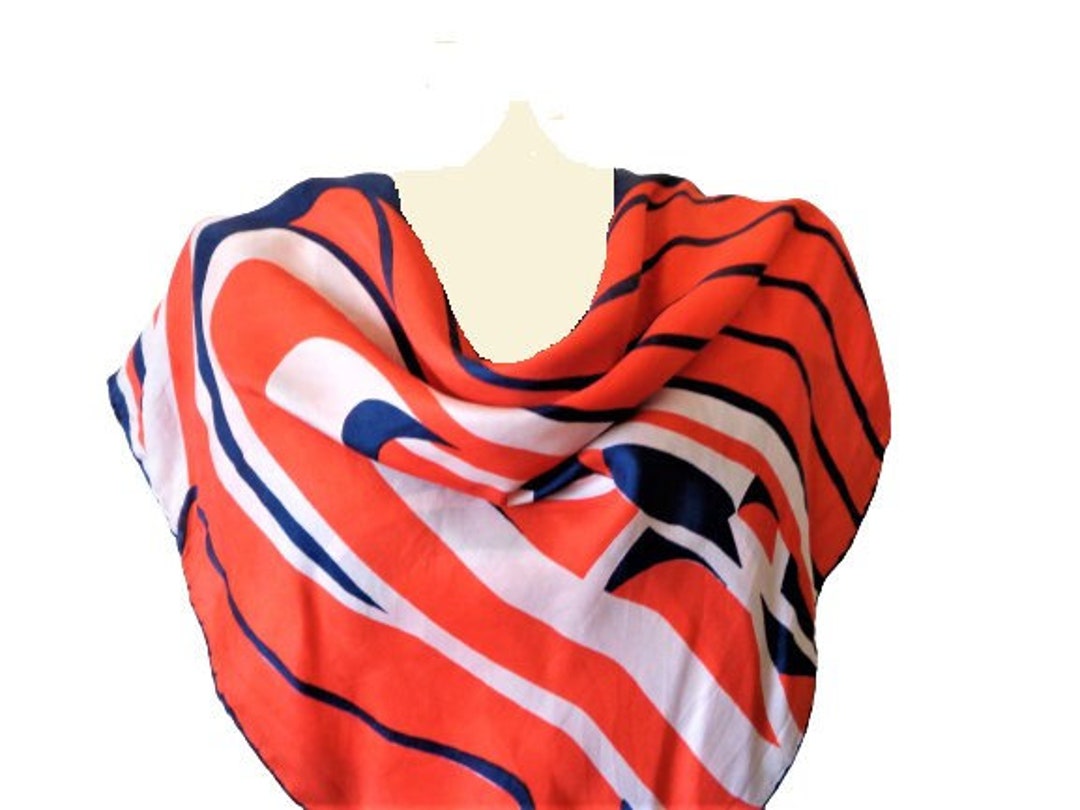 ヴィンテージの赤と青のシルクスカーフ、ストライプ柄のヘッドスカーフ