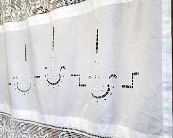 Vintage White Lace Curtain Panel, Crochet Window Panel Drapery, Hand Embroidery and Drawn Work