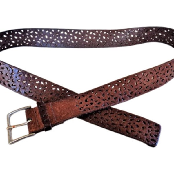 Vintage Brown Leather Belt, Cut Out Lace, 1990s 90s Fashion Boho Belt, Wide Waist Cutwork Pierced Belt, SADDLER, Italian Leather Belt