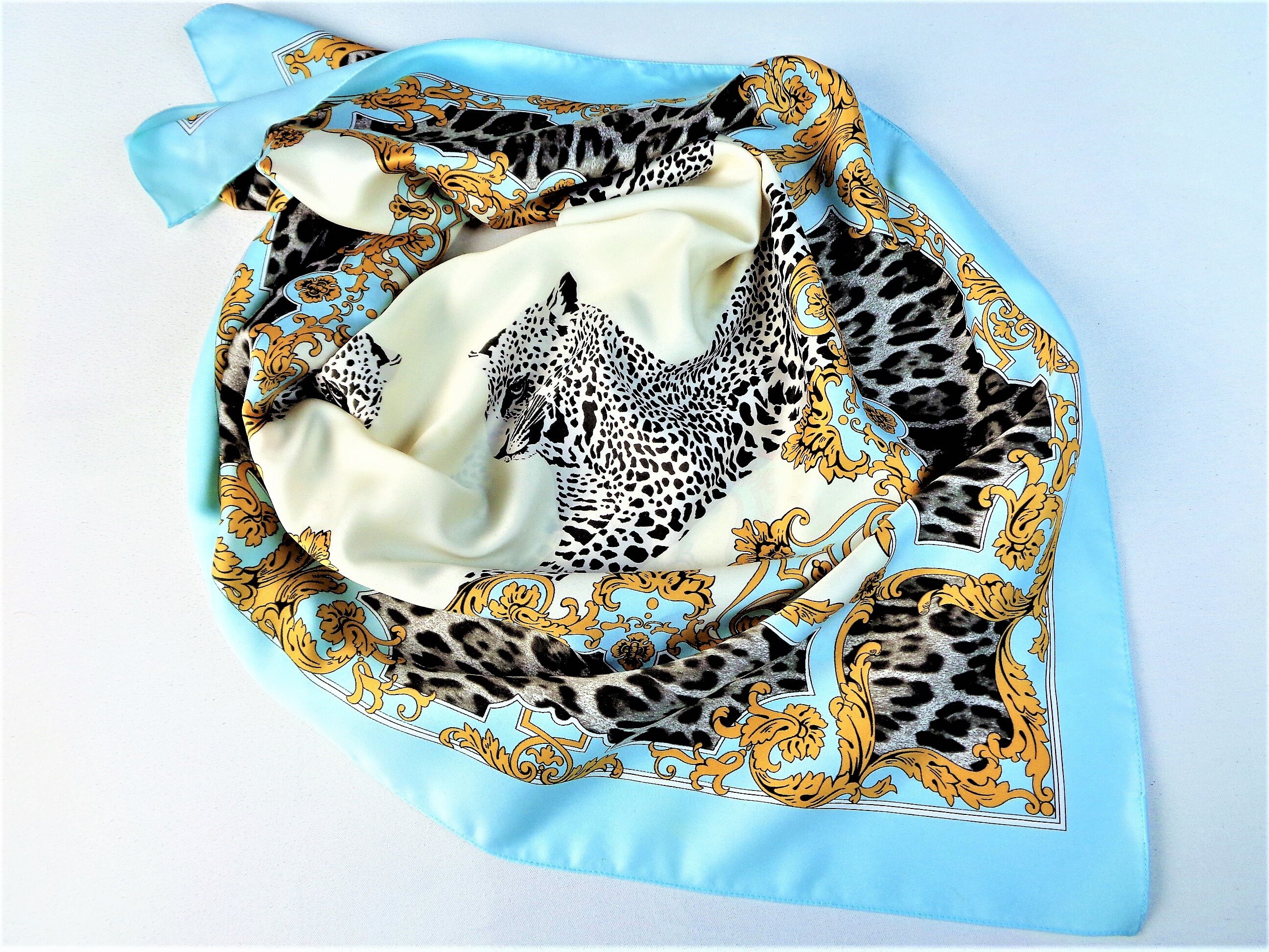 Large Square Scarf With Leopard Print Blue Gold Head Scarf Etsy