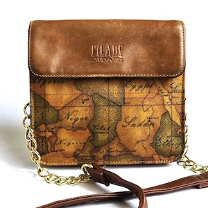 Old World Map Crossbody Purse, Antique Map Print Shoulder Bag, Alvieri Martini, Tan Brown Leather, Vintage Atlas bag, Small Women&#39;s Purse